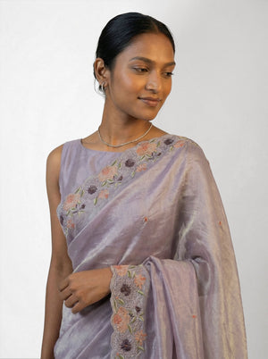 Organza Pastel Lavender Floral Embroidered Saree