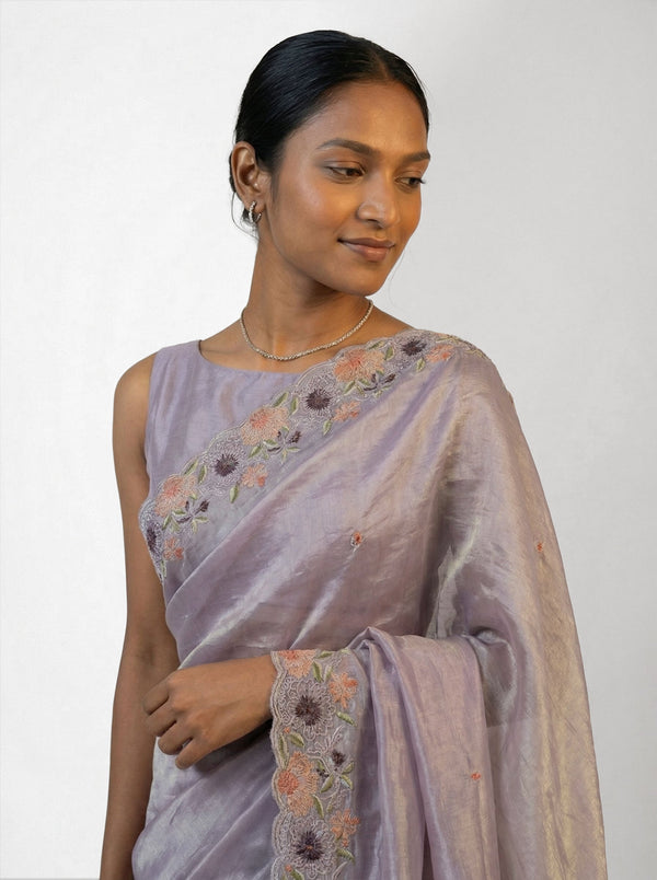 Organza Pastel Lavender Floral Embroidered Saree
