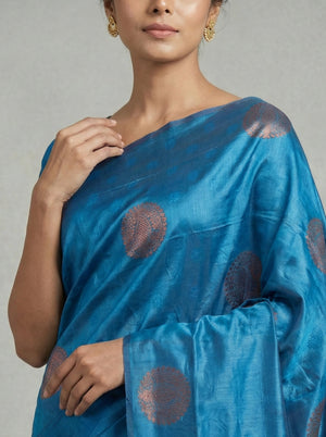 Semi Silk Women’s Peacock Blue Saree with Contrast Navy Blue Blouse