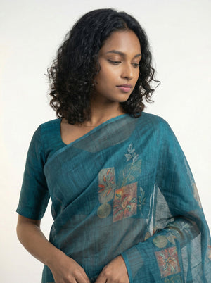 Cotton Teal Blue Floral Design Saree with Modern Print Style