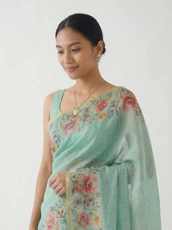 Linen Mint Green Floral Print Saree