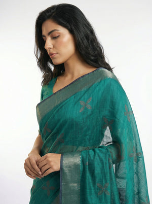 Art Silk Bottle Green Zari Motif Saree with Contrast Border