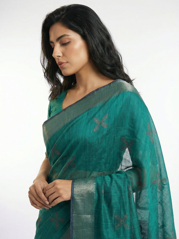 Art Silk Bottle Green Zari Motif Saree with Contrast Border