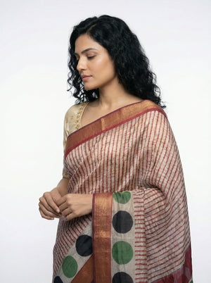 Cotton Cream Saree with Red Stripes and Polka Dot Printed Border