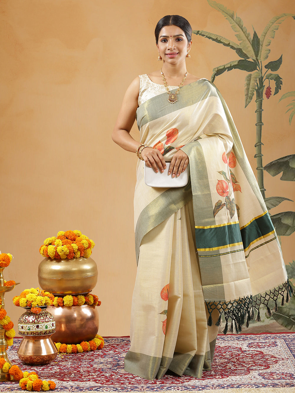 Golden Tissue Dark Green Border Set Saree With Anthurium Floral Print All Over Body