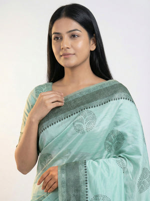 Semi Silk Pastel Blue Party Wear Saree with Round Tree Motif