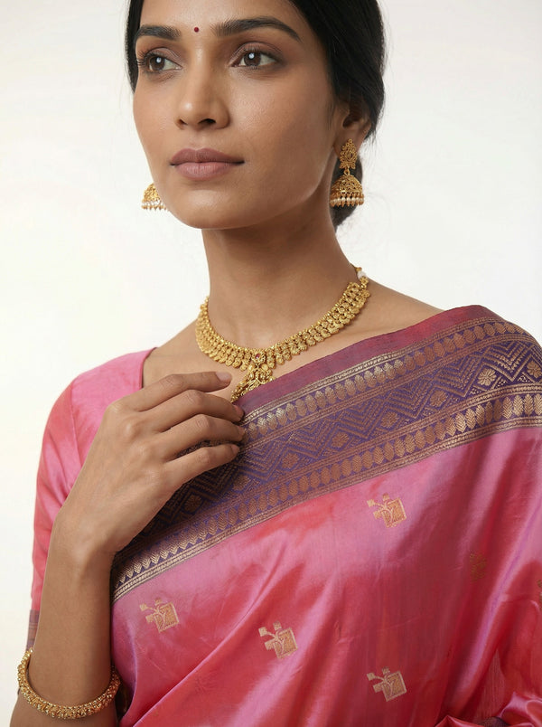 Semi Silk Premium Hot Pink Saree with Floral Butta Design