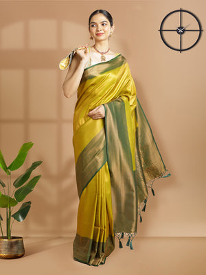 Yellow Green Color Golden Woven Designed Kubera Silk Saree With Bottle Green Border