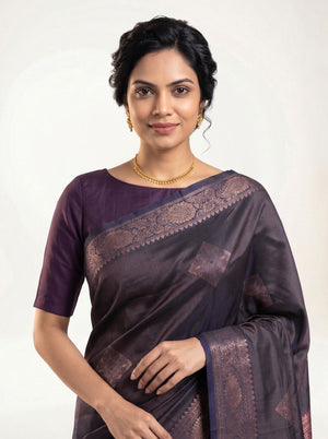 Art Silk Dark Violet-Brown Saree with Orchid Purple Contrast Border and Pallu