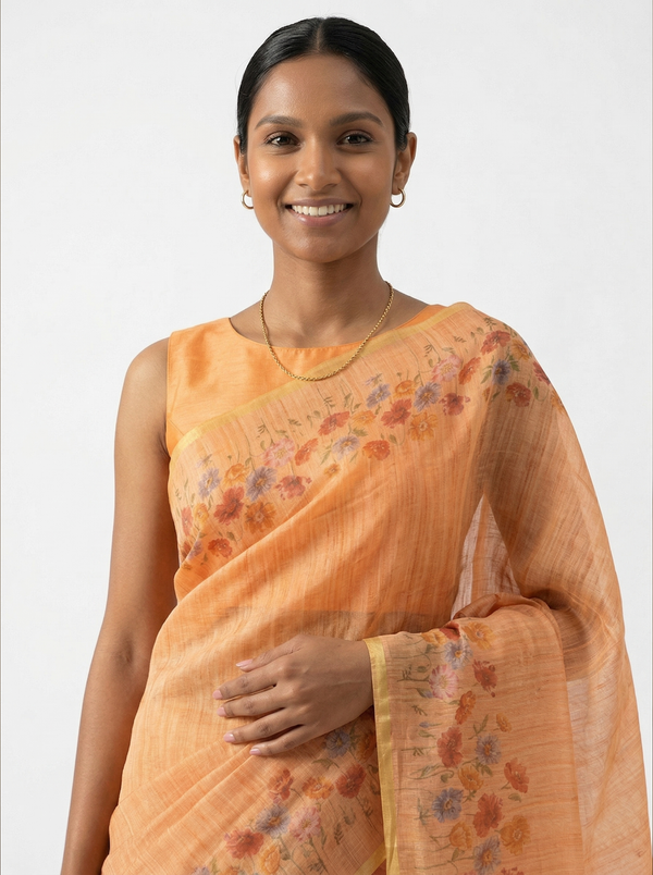 Chanderi Cotton Peach Botanical Print Saree