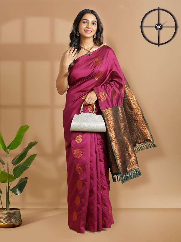 Purple Color Poly Silk Saree With Copper Thread Worked Buttas Over Body