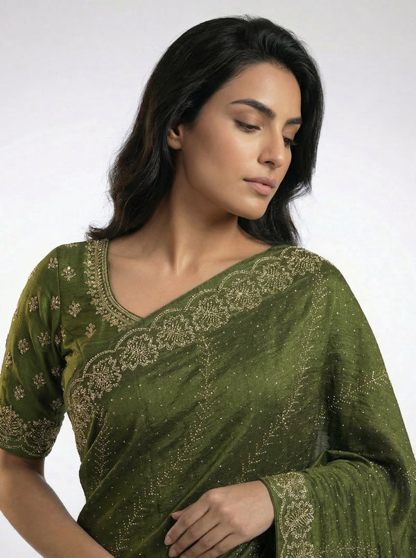 Vijithra Silk Dark Olive Green Stone Work Designer Saree
