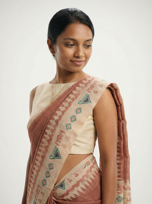 Chanderi Cotton Rust Brown Tribal Border Saree