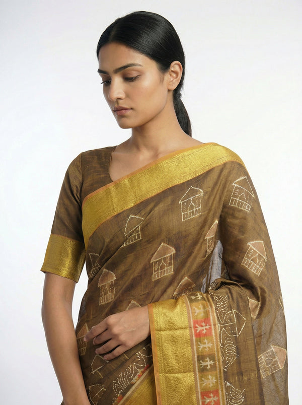 Chanderi Cotton Olive Brown Saree with Ethnic Printed Patterns for Festive Wear
