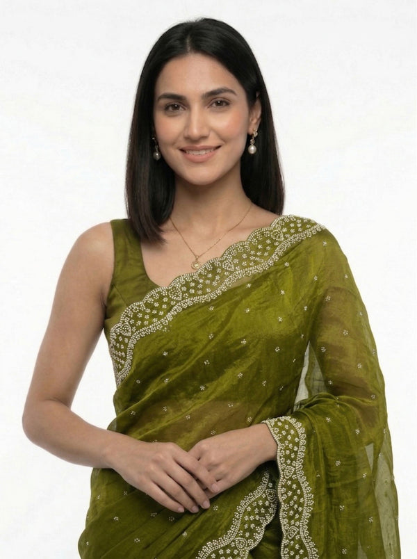 Organza Olive Green Small Stone Scalloped Border Designer Saree