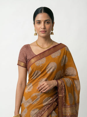 Chanderi Cotton Rust Orange Allover Tree Motif Saree
