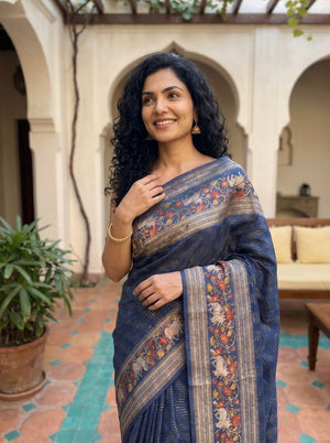 Tussar Silk Deep Steel Blue Printed Kalamkari Border Saree