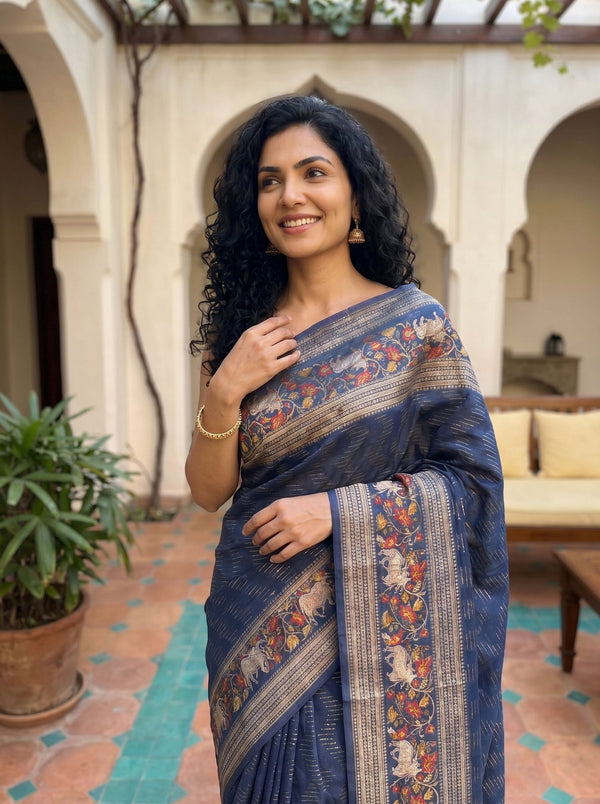 Tussar Silk Deep Steel Blue Printed Kalamkari Border Saree