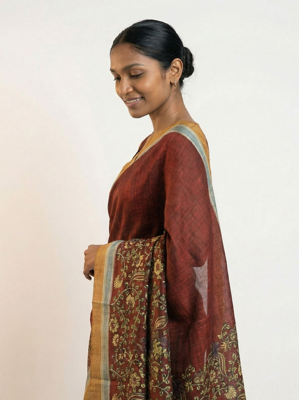 Chanderi Cotton  Maroon Floral Vine Printed Saree