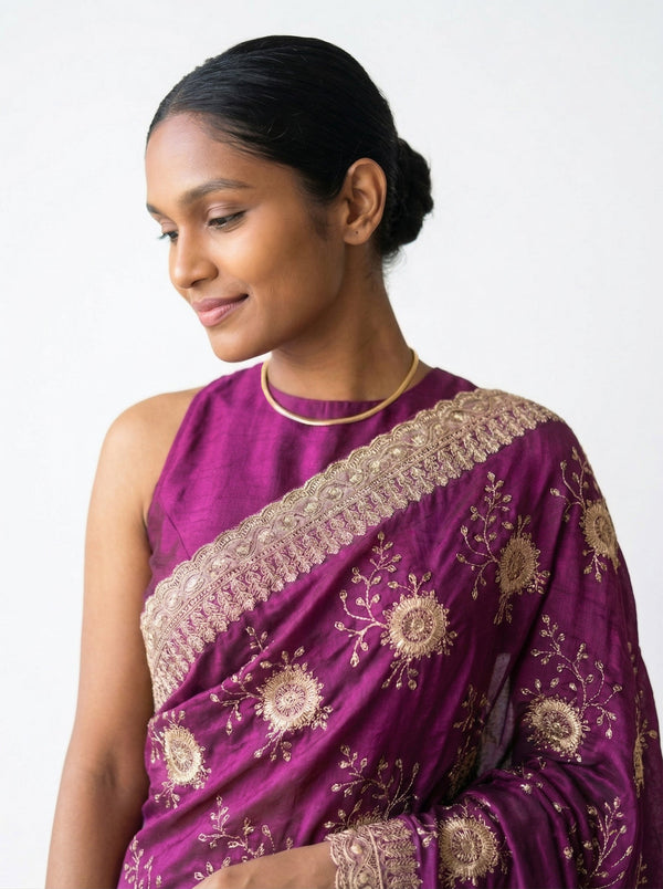 Vijithra Silk Violet Floral Embroidery Saree