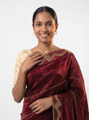 Organza Wine Red Stone Scalloped Border Designer Saree