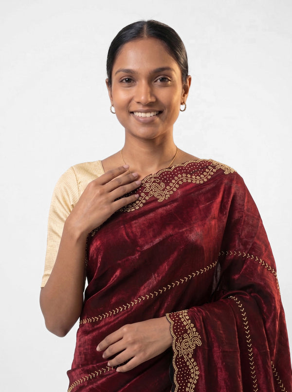 Organza Wine Red Stone Scalloped Border Designer Saree