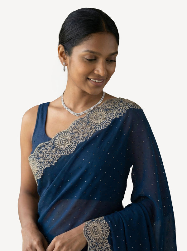 Shimmer Organza Royal Blue Plain Designer Saree with Micro Dot Work and Heavy Embroidered Border