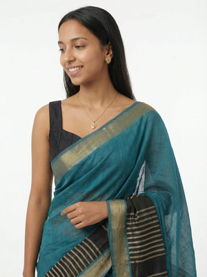 Chanderi Cotton Teal Blue And Black Striped Saree