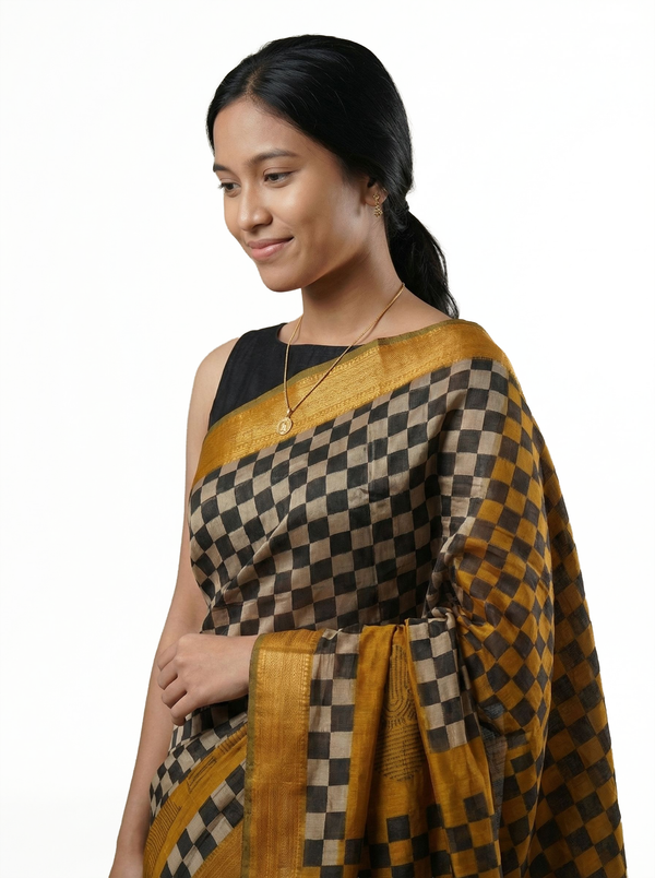 Chanderi Cotton Black Gold Checkered Designer Saree
