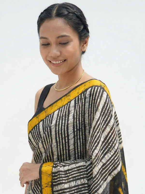 Chanderi Cotton Black White Striped Batik Saree