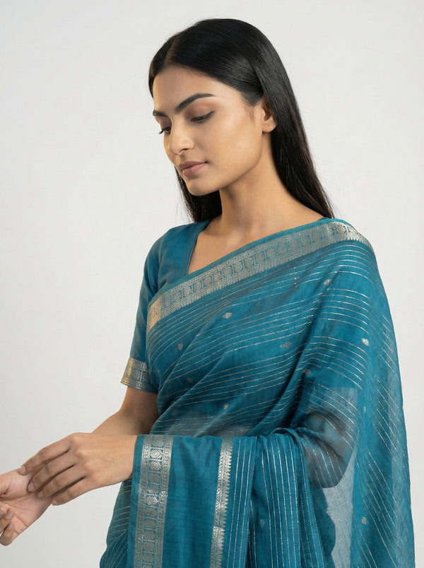 Cotton Peacock Blue Saree with Fine Zari Stripes and Rich Border