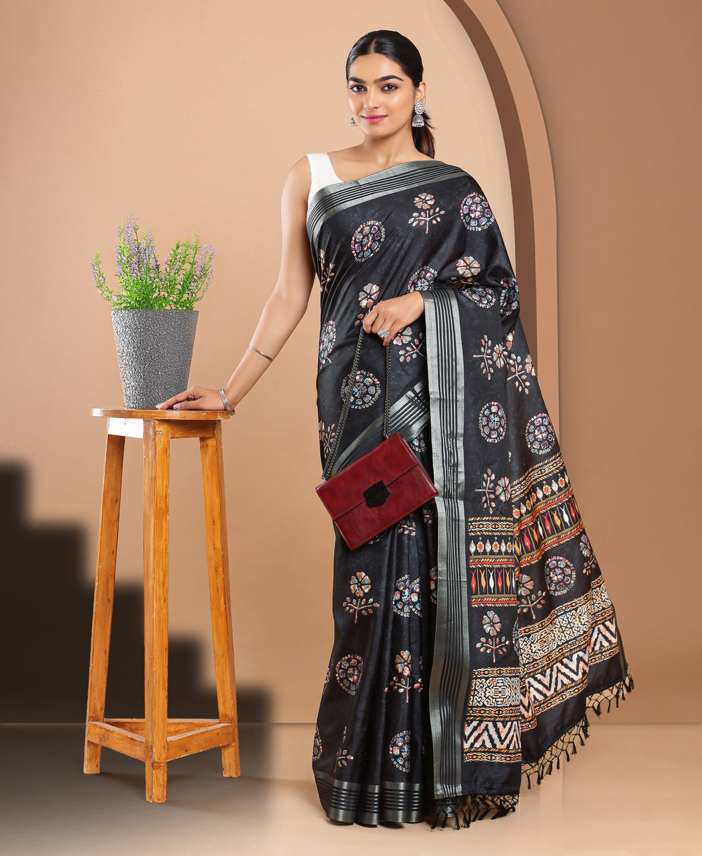Jute Silk Casual Wear Black Color Batik Print Saree