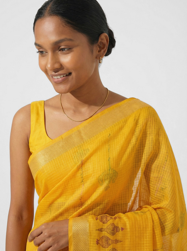 Chanderi Cotton Mustard Yellow Traditional Motif Saree