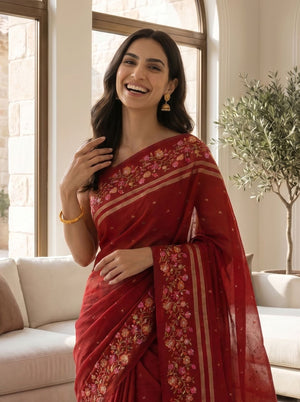 Semi Tussar Crimson Red Floral Embroidery Border Saree