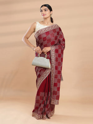 Maroon Color Poly Crepe Saree With Square Designed Work Over Body