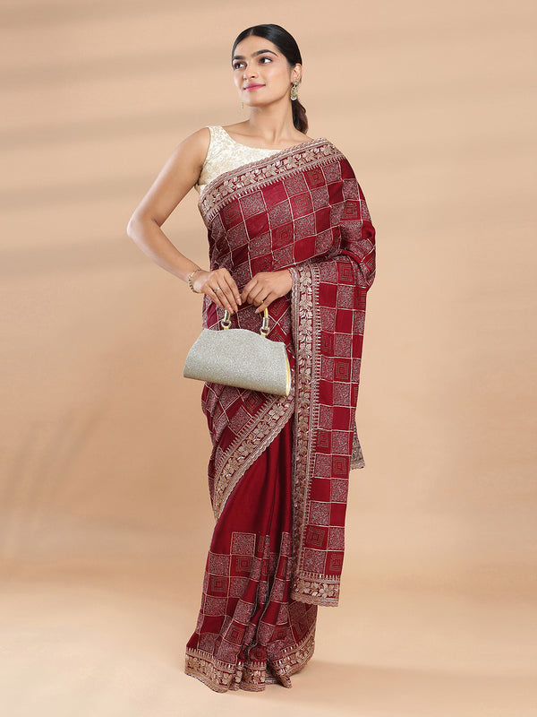 Maroon Color Poly Crepe Saree With Square Designed Work Over Body