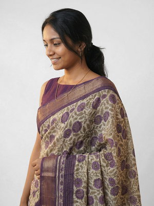 Chanderi Cotton Beige And Purple Floral Printed Saree