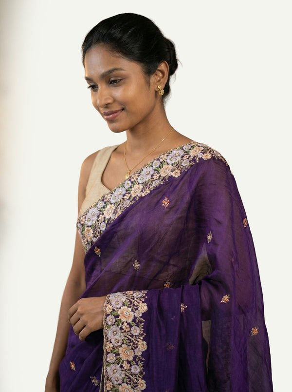 Organza Royal Purple Floral Embroidered Designer Saree