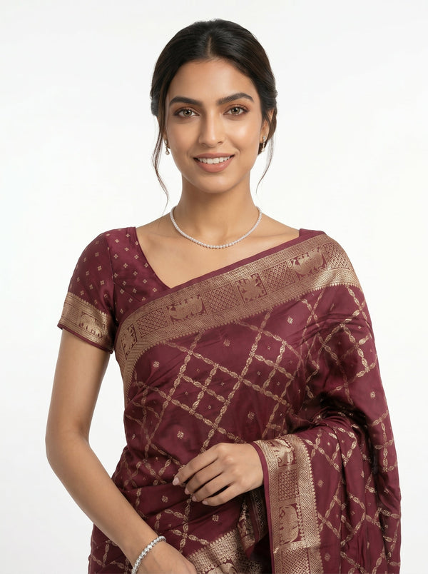 Banarasi  Wine Traditional Motif Weaving Saree