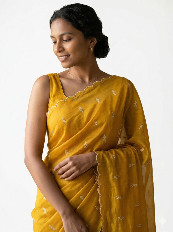 Organza Mustard Yellow Floral Butti Designer Saree with Scalloped  Border