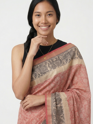 Chanderi Cotton Pink And Black Printed Saree