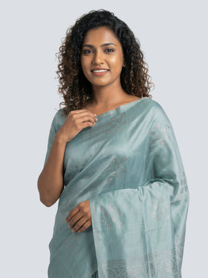 Semi Silk Women’s Pastel Sea Blue Saree with Spread Butta Motifs