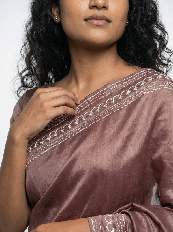 Shimmer Organza  Brown  Saree with Plain Border Blouse