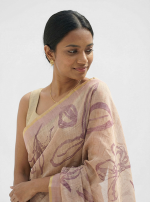 Chanderi Cotton Beige Abstract Floral Saree