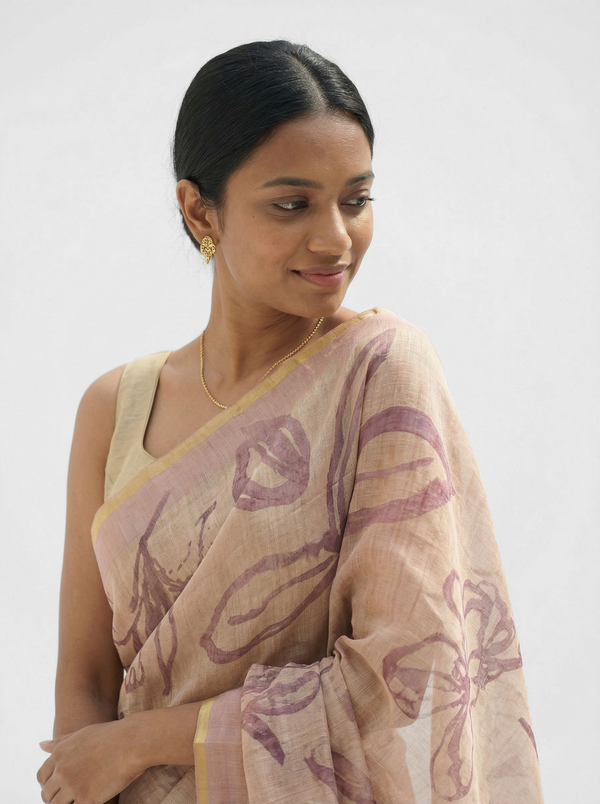 Chanderi Cotton Beige Abstract Floral Saree