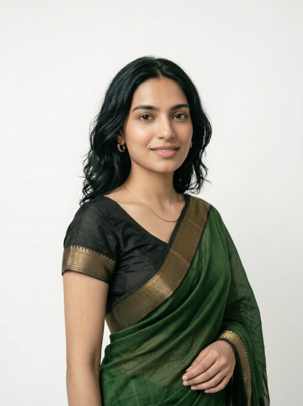Chanderi Cotton Bottle Green Contrast Stripes Saree
