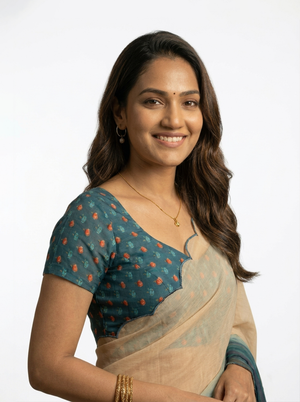 Chiffon Cream Teal Ombre Floral Printed Designer Saree