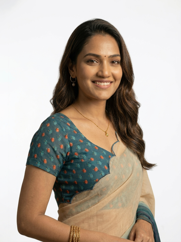 Chiffon Cream Teal Ombre Floral Printed Designer Saree