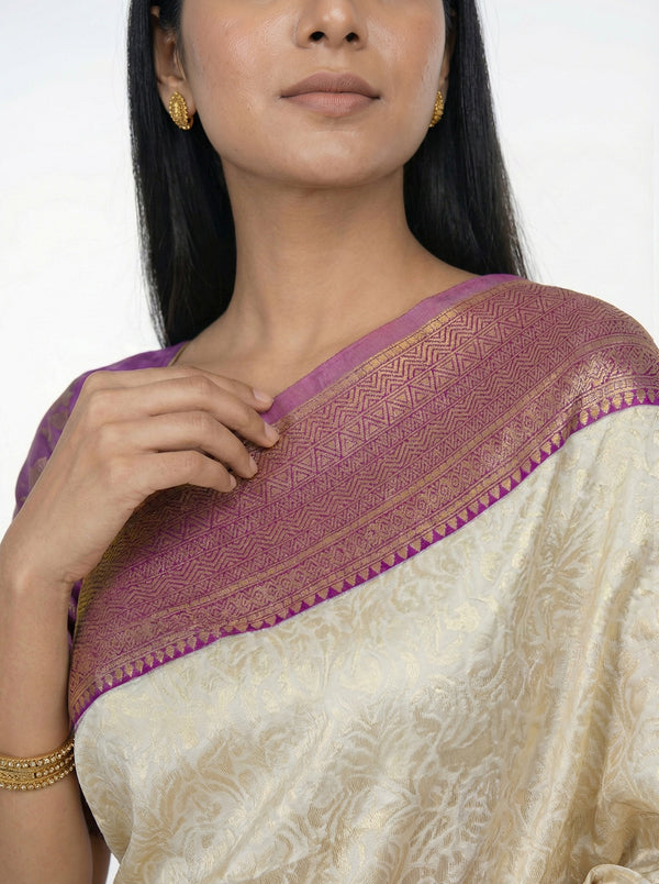 Semi Silk Women’s Off White Saree with Rich Banarasi Floral Pallu