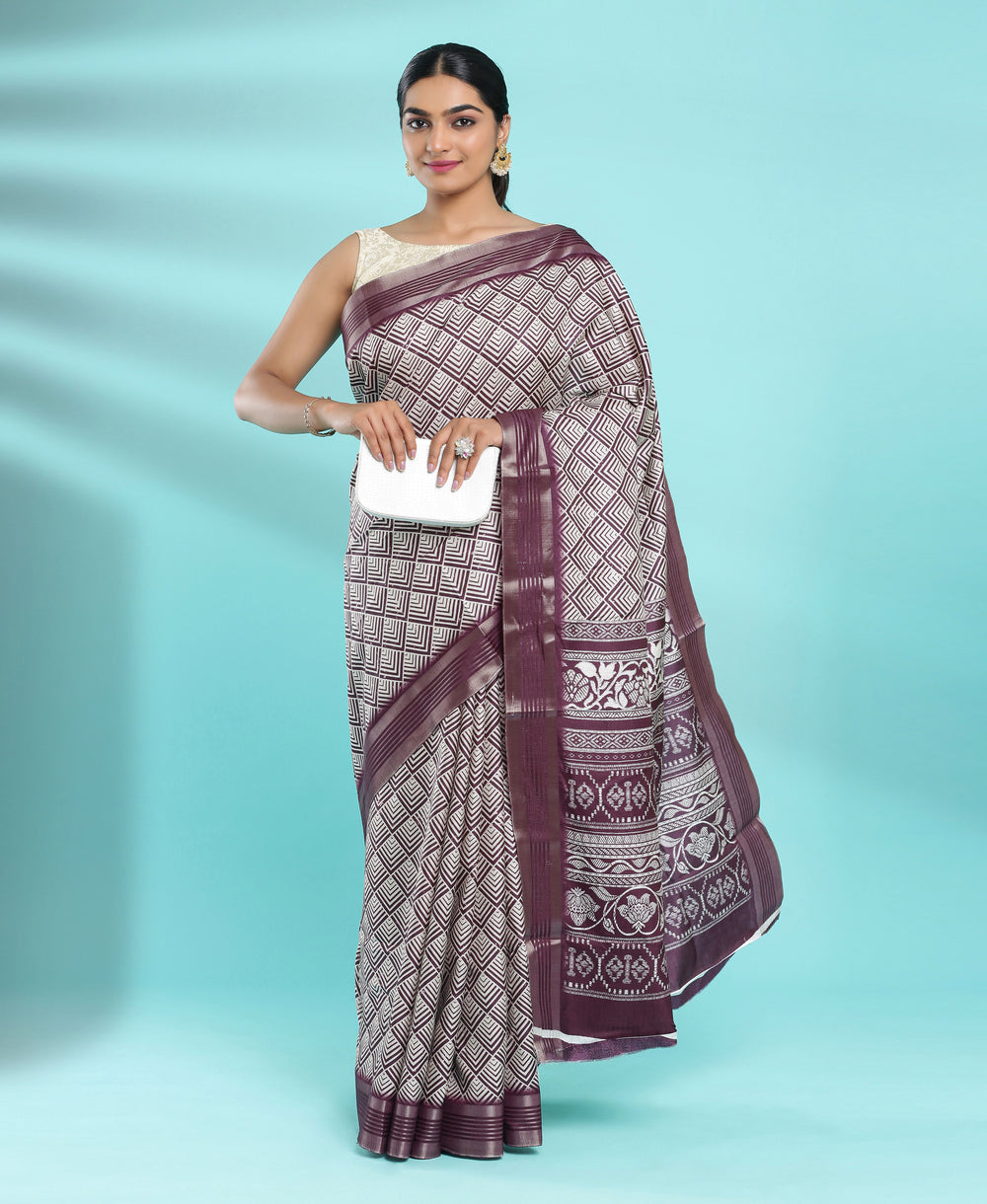 Jute Silk Casual Wear Burgundy & Cream Color Saree